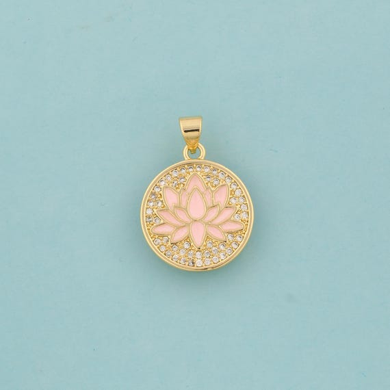 Gold Enamel Lotus Charms,Lotus Jewelry,CZ Lotus Pendant for DIY Jewelry Making,18K Gold