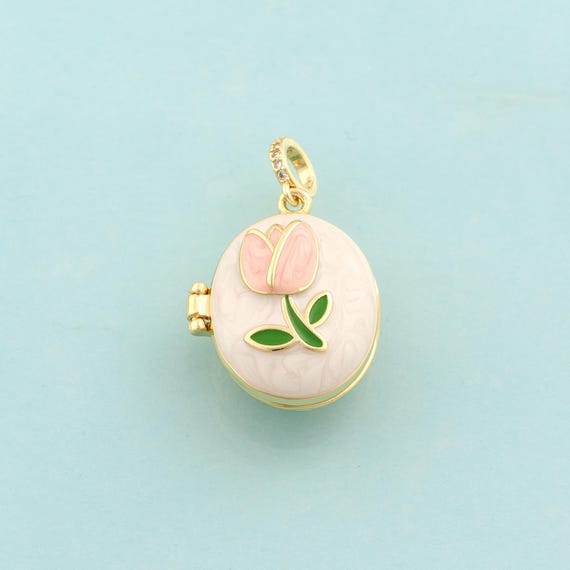 Gold Enamel Tulip Charms,Photo Frame Jewelry,Flower Pendant for DIY Jewelry Making,18K Gold
