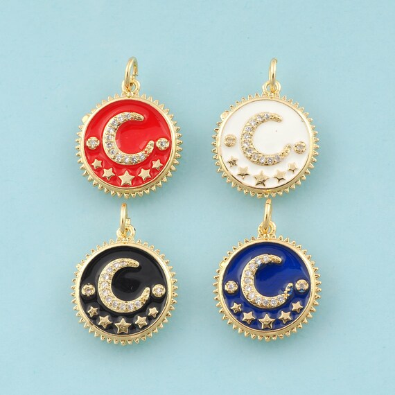 Gold Enamel Moon Charms,CZ Star Jewelry,Celestial Pendant for DIY Jewelry Making,18K Gold