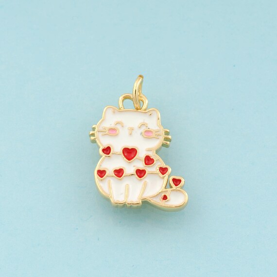Gold Enamel Cat Charms,Pet Jewelry,Heart Pendant for DIY Jewelry Making,18K Gold