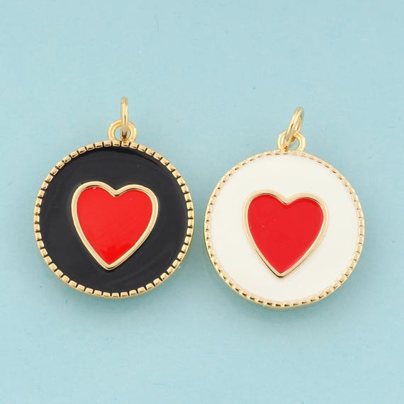 Gold Enamel Heart Charms,Round Jewelry,Heart Pendant for DIY Jewelry Making,18K Gold