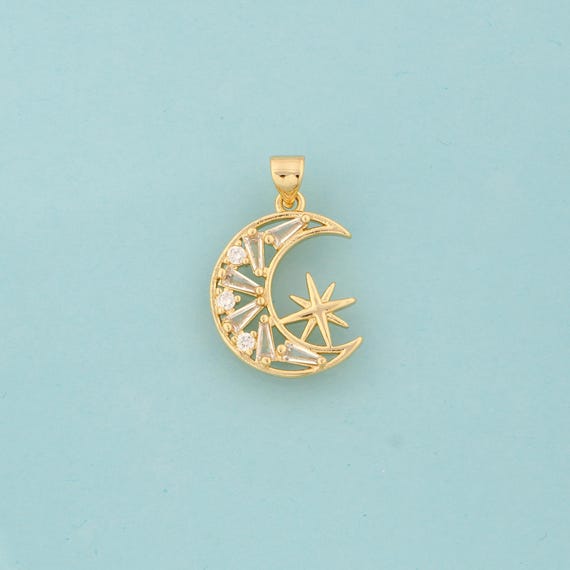 Gold CZ Moon Charms,Star Jewelry,Moon Pendant for DIY Jewelry Making,18K Gold