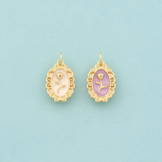 Gold Flower Charms,Mirror Jewelry,Enamel Flower Pendant for DIY Jewelry Making,18K Gold