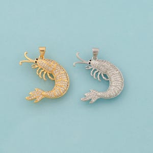 Gold CZ Shrimp Charms,Marine Life Jewelry,Shrimp Pendant for DIY Jewelry Making,18K Gold