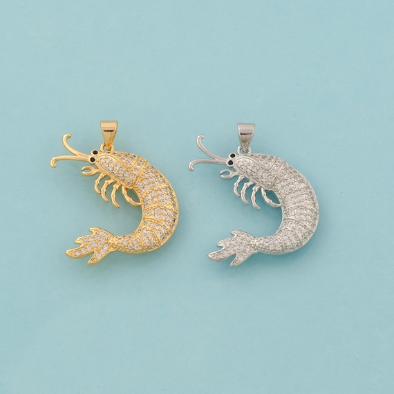 Gold CZ Shrimp Charms,Marine Life Jewelry,Shrimp Pendant for DIY Jewelry Making,18K Gold