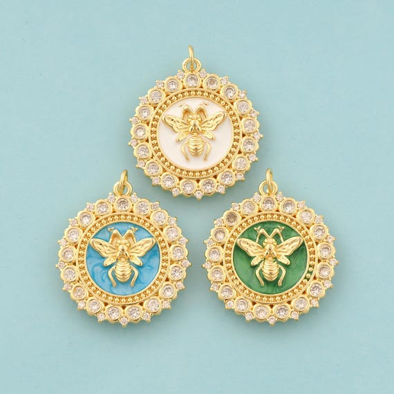 Gold CZ Bee Charms,Insect Jewelry,Enamel Round Pendant for DIY Jewelry Making,18K Gold