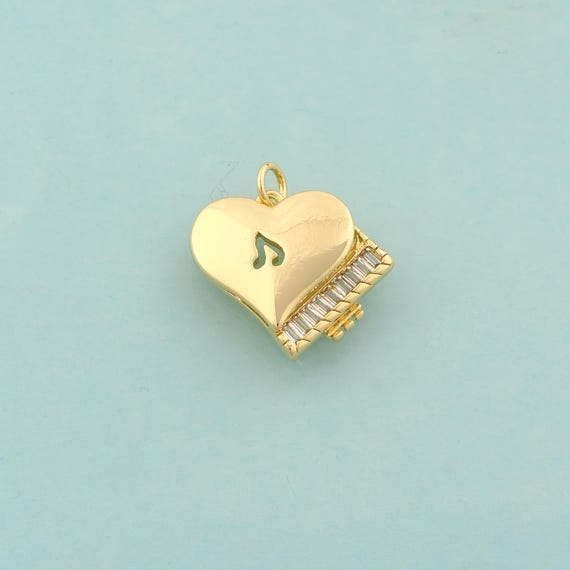 Gold CZ Piano Charms,Heart Piano Jewelry,Piano Pendant for DIY Jewelry Making,18K Gold