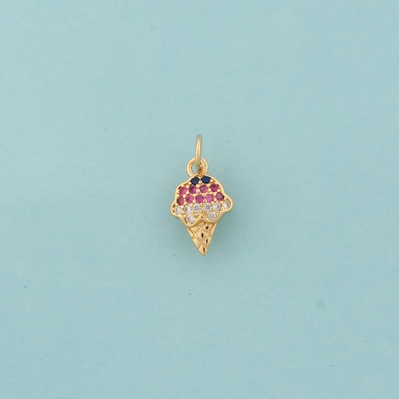 Gold CZ Ice Cream Charms,Dessert Jewelry,Ice Cream Pendant for DIY Jewelry Making,18K Gold