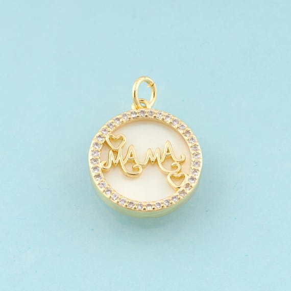 Gold CZ MAMA Charms,Fritillary Round Jewelry,Letter Pendant for DIY Jewelry Making,18K Gold