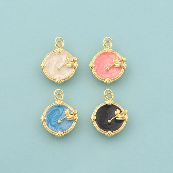 Gold Flower Charms,Round Jewelry,Enamel Leaf Pendant for DIY Jewelry Making,18K Gold