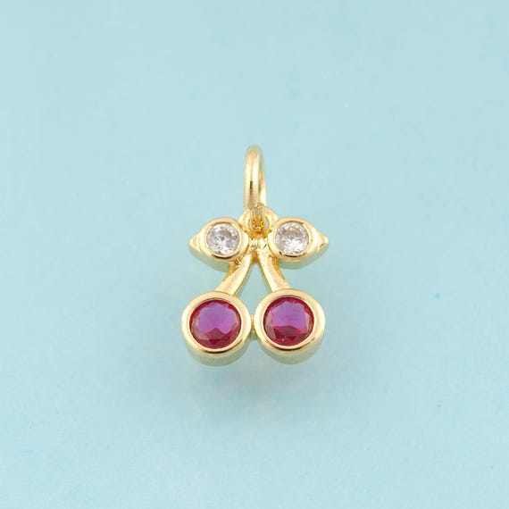 Gold CZ Cherry Charms,Fruit Jewelry,Cherry Pendant for DIY Jewelry Making,18K Gold