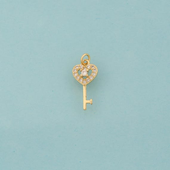 Gold CZ Heart Charms,Love Jewelry,Key Pendant for DIY Jewelry Making,18K Gold