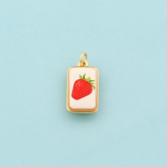 Gold Strawberry Charms,Fruit Jewelry,Enamel Square Pendant for DIY Jewelry Making,18K Gold