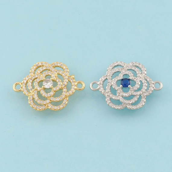 Gold CZ Flower Connector,Flower Jewelry Connector,Flower Connector for DIY Jewelry Making,18K Gold & Rhodium