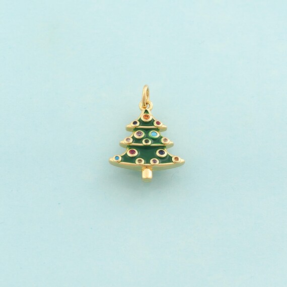 Gold CZ Christmas Tree Charms,Christmas Jewelry,Enamel Tree Pendant for DIY Jewelry Making,18K Gold