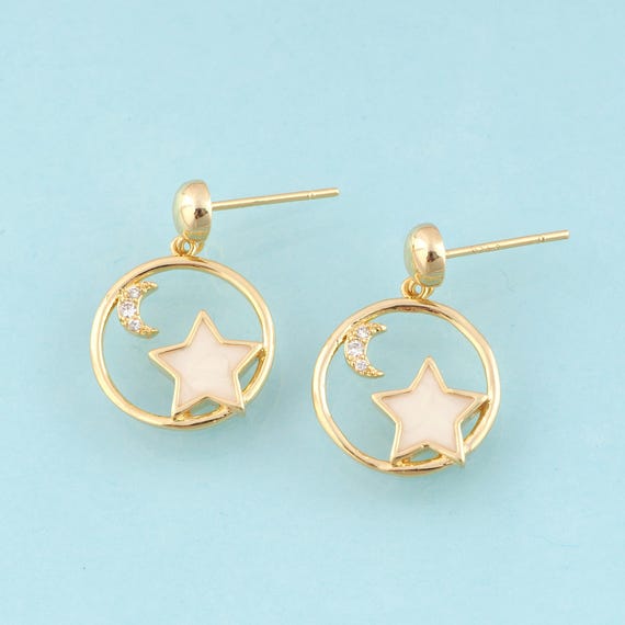 Gold CZ Star Stud Earrings,Drop Jewelry Stud Earrings,Moon Stud Earrings,Gift for Her,18K Gold
