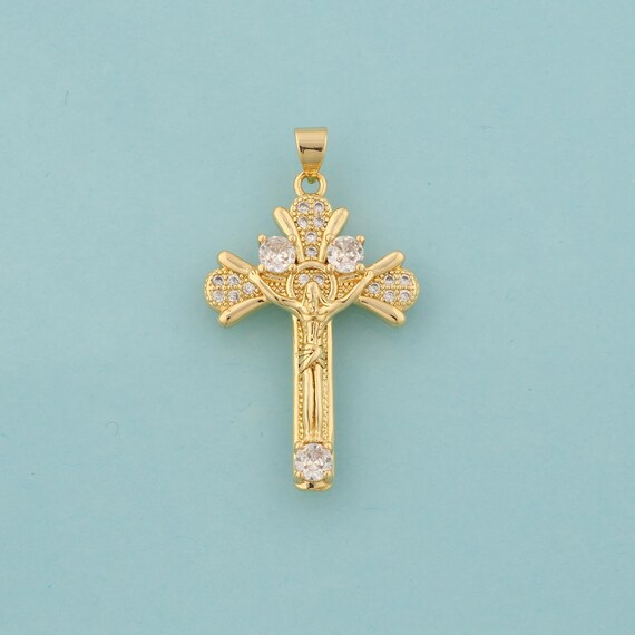 Gold CZ Cross Charms,Victim Jewelry,Christian Pendant for DIY Jewelry Making,18K Gold