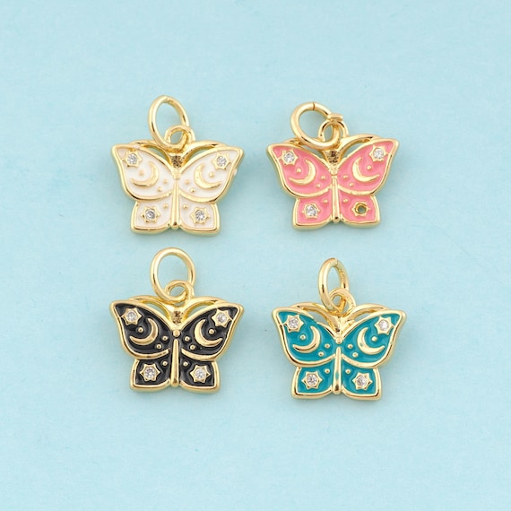 Gold CZ Butterfly Charms,Moon Jewelry,Enamel Star Pendant for DIY Jewelry Making,18K Gold