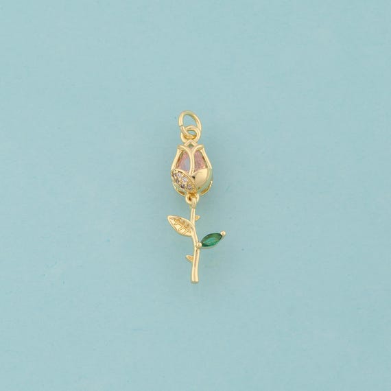 Gold CZ Rose Charms,Flower Jewelry,Red Rose Pendant for DIY Jewelry Making,18K Gold