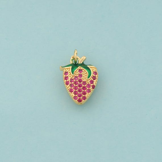 Gold CZ Strawberry Charms,Fruit Jewelry,Strawberry Pendant for DIY Jewelry Making,18K Gold