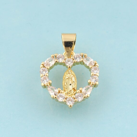 Gold CZ Virgin Mary Charms,Religious Jewelry,Heart Pendant for DIY Jewelry Making,18K Gold