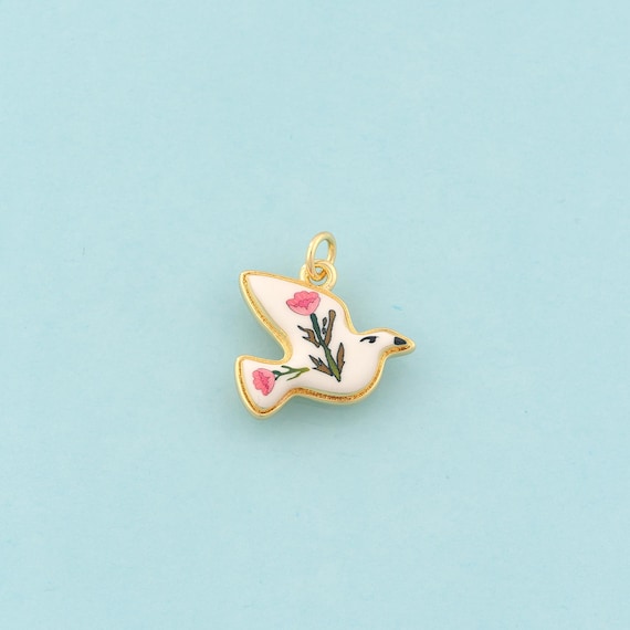 Gold Peace Dove Charms,Flower Jewelry,Enamel Animal Pendant for DIY Jewelry Making,18K Gold