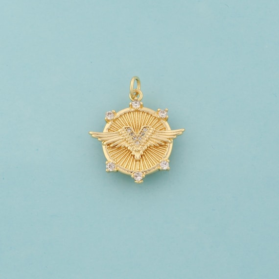 Gold CZ Angel Wings Charms,Round Jewelry,Animal Wings Pendant for DIY Jewelry Making,18K Gold