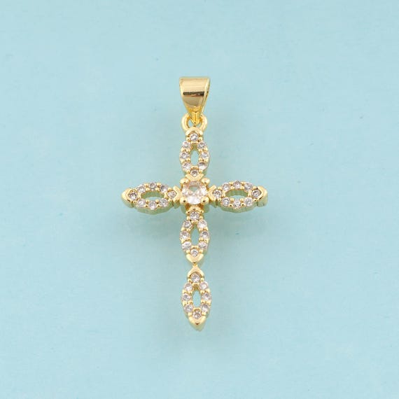 Gold CZ Cross Charms,Religious Jewelry,Christian Pendant for DIY Jewelry Making,18K Gold