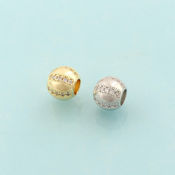 Gold CZ Round Spacer Beads,Ball Beads,Large Hole Beads for DIY Jewelry Making,18K Gold & Rhodium
