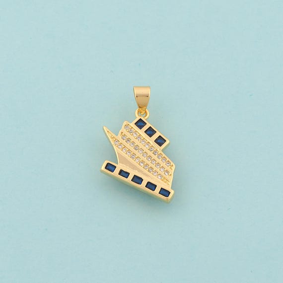 Gold CZ Ship Charms,Ship Jewelry,Enamel Ship Pendant for DIY Jewelry Making,18K Gold