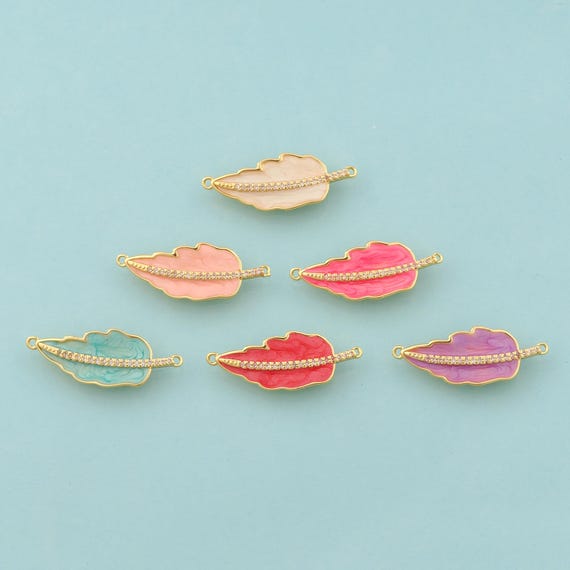 Gold CZ Feather Charms,Feather Jewelry,Enamel Feather Pendant for DIY Jewelry Making,18K Gold
