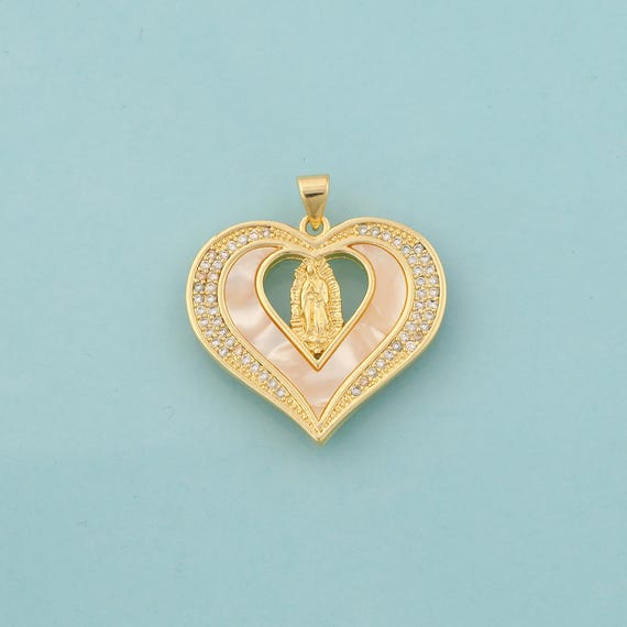 Gold CZ Virgin Mary Charms,Heart Jewelry,Fritillaria Catholic Pendant for DIY Jewelry Making,18K Gold