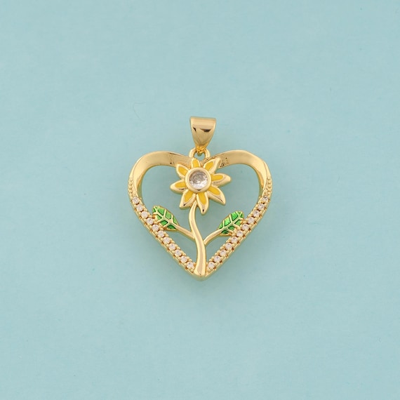 Gold CZ Heart Charms,Love Jewelry,Enamel Flower Pendant for DIY Jewelry Making,18K Gold