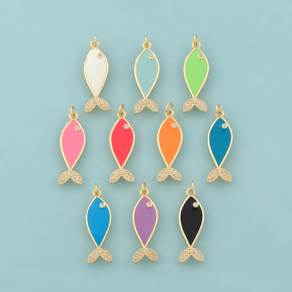 Gold CZ Fish Charms,Marine Life Jewelry,Enamel Fish Pendant for DIY Jewelry Making,18K Gold
