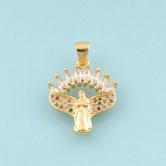Gold CZ Virgin Mary Charms,Religious Jewelry,Wing Pendant for DIY Jewelry Making,18K Gold
