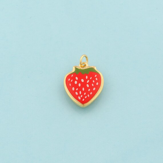 Gold Strawberry Charms,Fruit Jewelry,Enamel Strawberry Pendant for DIY Jewelry Making,18K Gold
