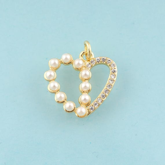Gold CZ Heart Charms,Pearl Jewelry,Heart Pendant for DIY Jewelry Making,18K Gold