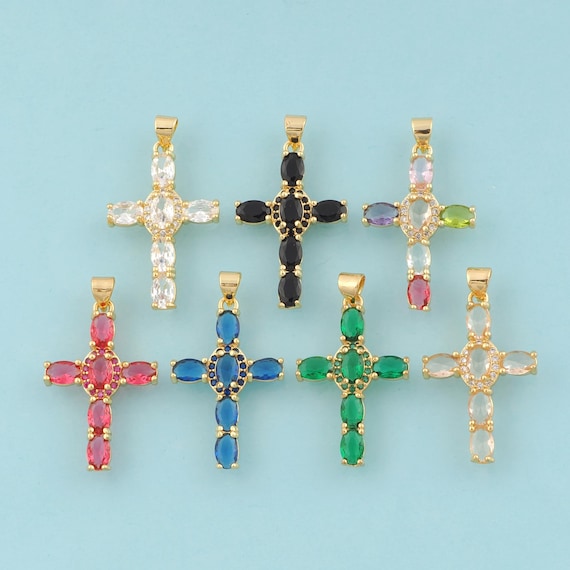 Gold CZ Cross Charms,Religious Jewelry,Christian Pendant for DIY Jewelry Making,18K Gold