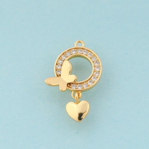 Gold CZ Butterfly Charms,Heart Jewelry,Round Pendant for DIY Jewelry Making,18K Gold