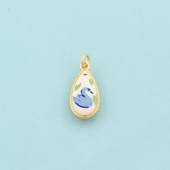 Gold Water Drop Charms,Tear Drop Jewelry,Enamel Swan Pendant for DIY Jewelry Making,18K Gold