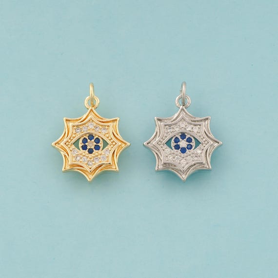 Gold CZ Sun Charms,Evil Eye Jewelry,Devil Eye Pendant for DIY Jewelry Making,18K Gold