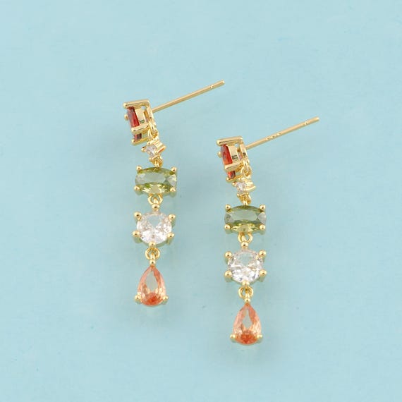 Gold CZ Drop Stud Earrings,Water Drop Jewelry Stud Earrings,Round Stud Earrings,Gift for Her,18K Gold