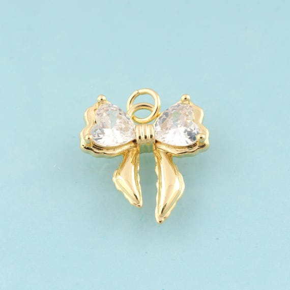 Gold CZ Bow Charms,Heart Jewelry,Bow Pendant for DIY Jewelry Making,18K Gold