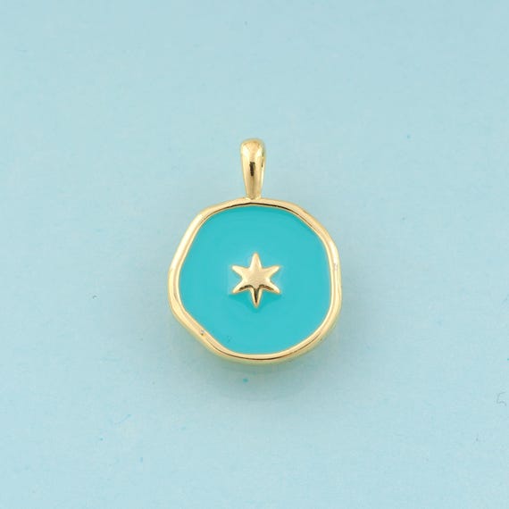 Gold Enamel Star Charms,Celestial Jewelry,Round Pendant for DIY Jewelry Making,18K Gold
