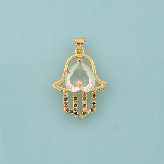 Gold CZ Heart Charms,Hamsa Jewelry,Fatima Pendant for DIY Jewelry Making,18K Gold