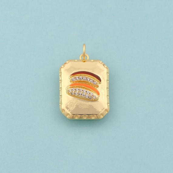 18K Gold Filled Hamburger Charm: CZ Enamel Pendant, DIY Jewelry