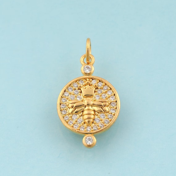Gold CZ Bee Charms,Round Jewelry,Insect Pendant for DIY Jewelry Making,18K Gold