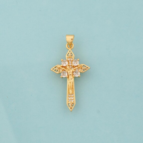 Gold CZ Cross Charms,Victim Jewelry,Christian Pendant for DIY Jewelry Making,18K Gold