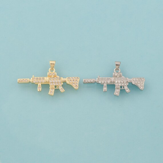 Gold CZ Weapons Charms,Gun Jewelry,M416 Rifle Pendant for DIY Jewelry Making,18K Gold