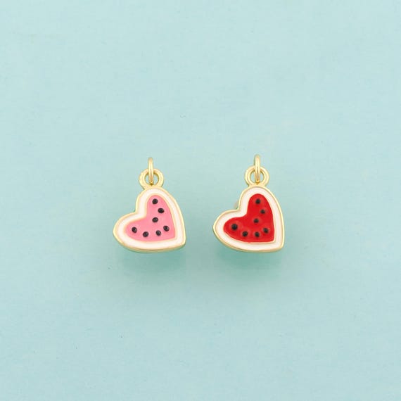 Gold Heart Charms,Love Jewelry,Enamel Watermelon Pendant for DIY Jewelry Making,18K Gold